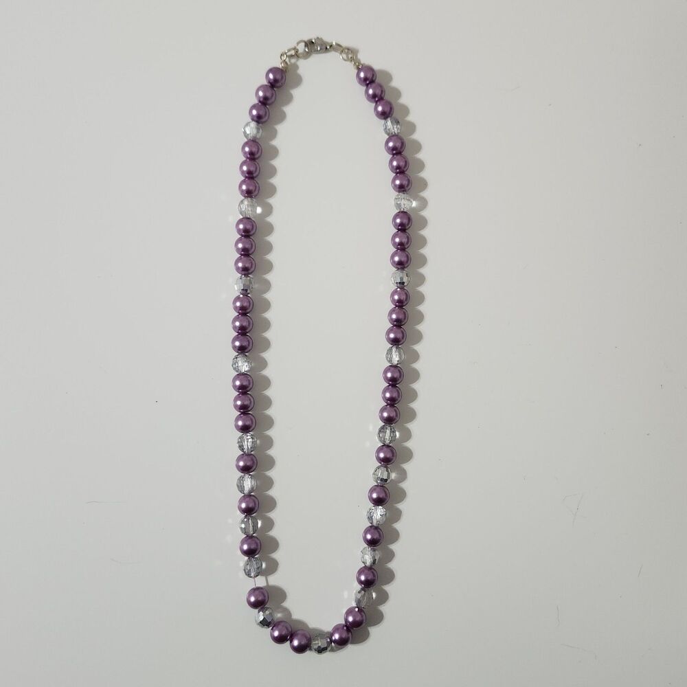 Purple Transparent Round Beaded Necklace Lobster Silver Tone Cord